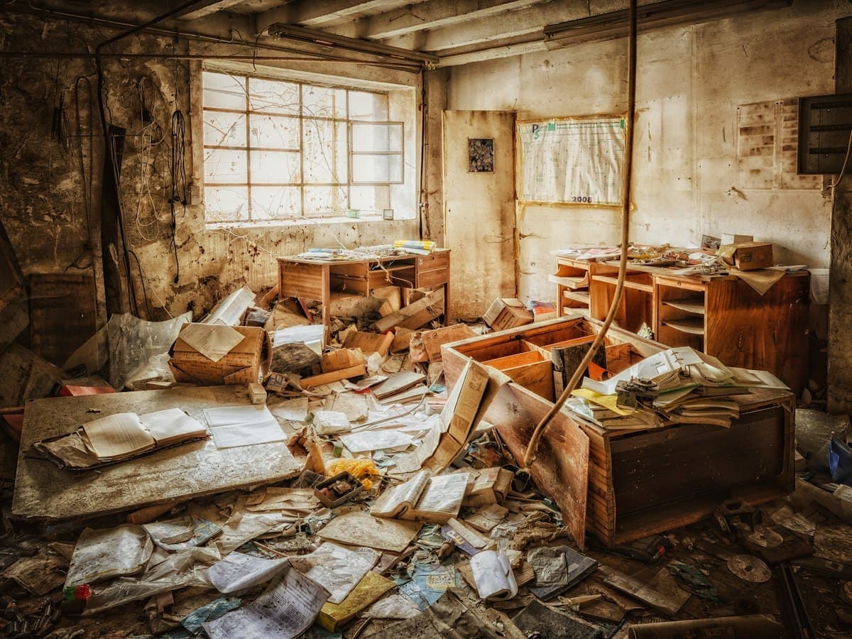 Vollgestellter Raum mit Papierbergen, Kisten und alten Möbeln, durch ein Sprossenfenster fällt Licht
